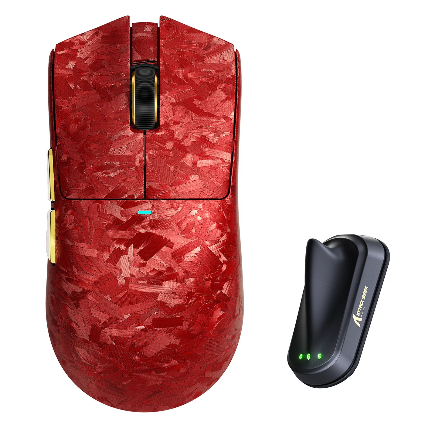 Attack Shark X11 Ultra Red Carbon Fiber wireless gaming mouse with charging dock